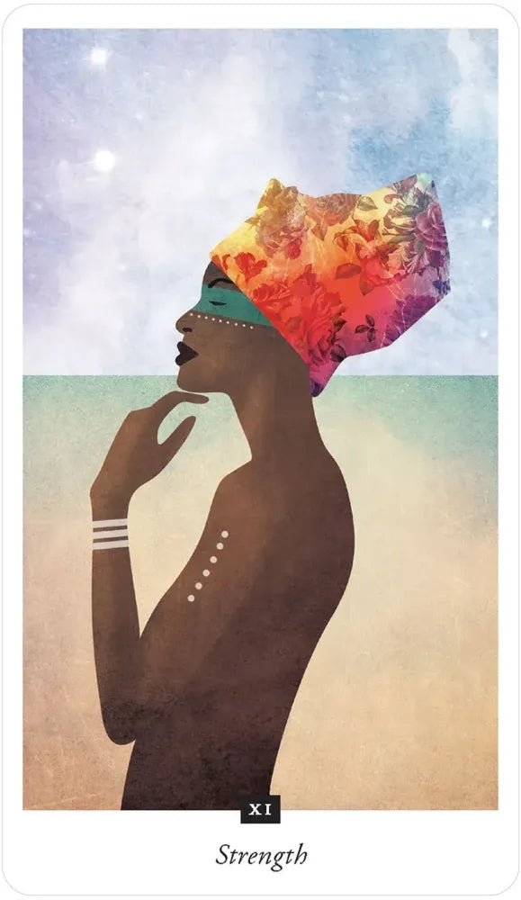Silhouette of a person with a colorful headscarf against a gradient sky, labeled 'Strength'.