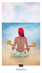 Tarot card titled 'Temperance' with a person sitting on sand holding two bowls against a pastel sky.
