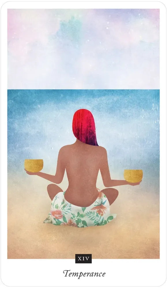 Tarot card titled 'Temperance' with a person sitting on sand holding two bowls against a pastel sky.
