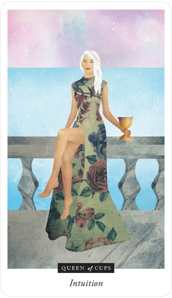 Card featuring a woman in a floral dress sitting on a bench with an hourglass, titled 'Queen of Cups'.