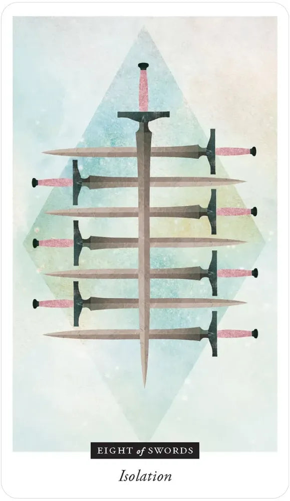 Card with eight swords arranged vertically on a pastel background, labeled 'Eight of Swords'.