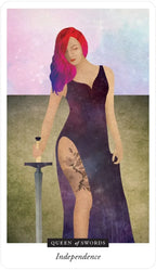 Tarot card featuring a woman in a long dress holding a sword with a pastel background.