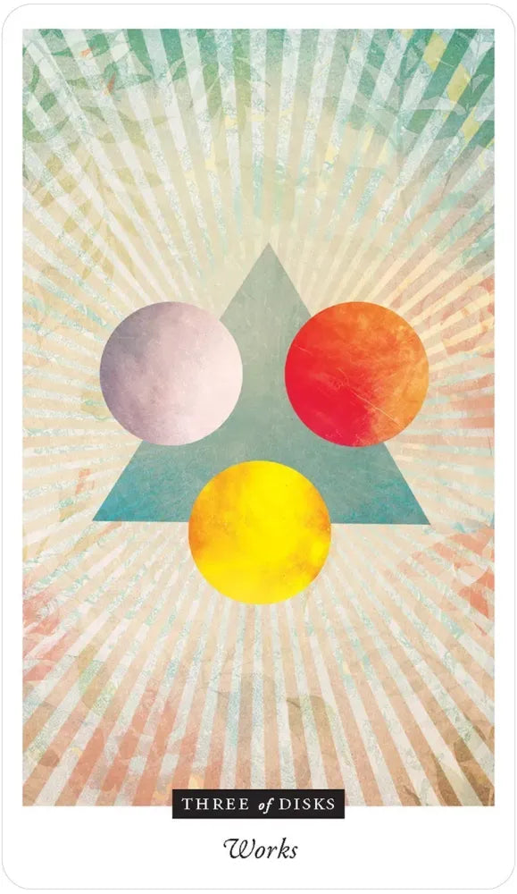 Card with geometric shapes and 'Three of Disks' text on a sunburst background