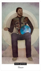 Card featuring a person holding a blue orb with a decorative background and text at the bottom.