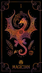 Ornate dragon design on a black background with 'Magician' text