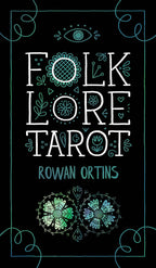 Book cover of 'Folklore Tarot' by Rowan Ortins with decorative elements on a black background.