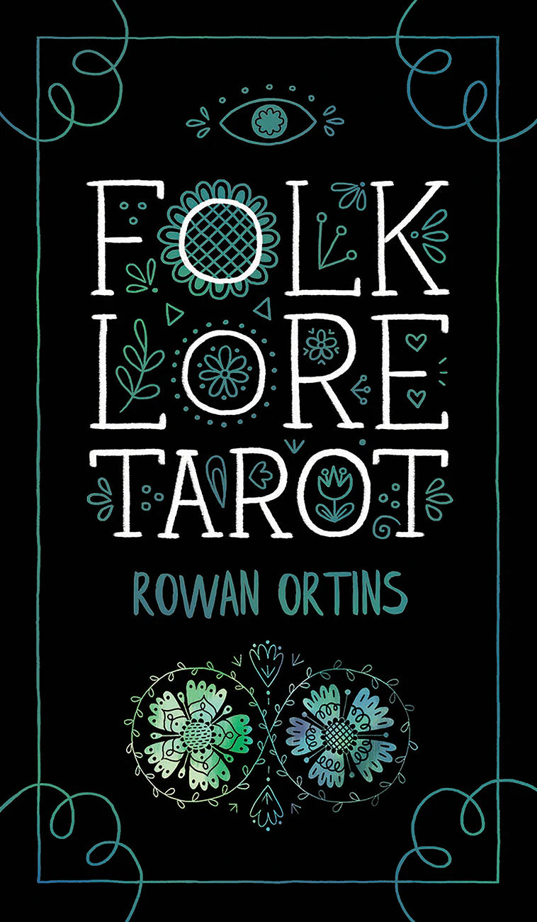 Book cover of 'Folklore Tarot' by Rowan Ortins with decorative elements on a black background.
