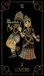 Illustration of Lord Krishna and Radha with 'Lovers' card text on a black background