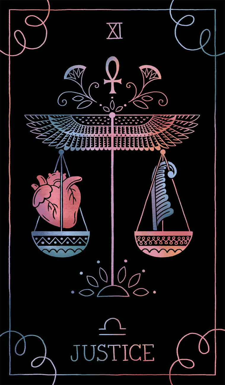 Tarot card featuring the 'Justice' symbol with scales and heart on a dark background