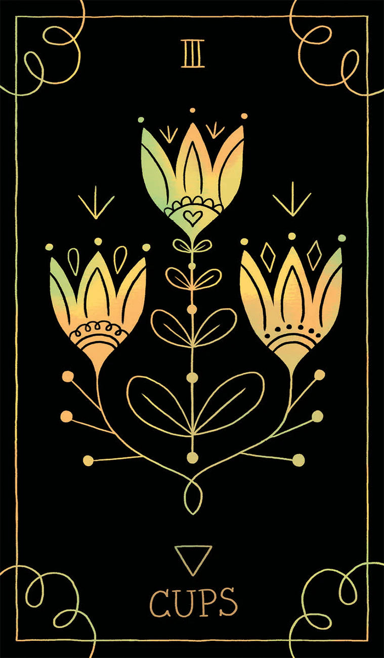 Tarot card with floral design and 'Cups' text on a black background