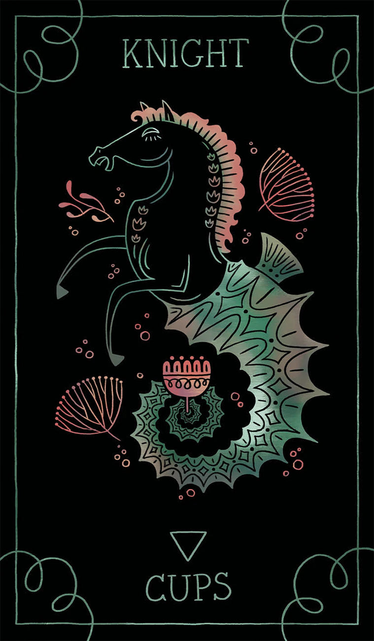 Card featuring a dragon-like creature with 'Knight' and 'Cups' text on a dark background