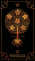 Tarot card with a stylized tree and flowers on a black background, labeled 'Pentacles'.