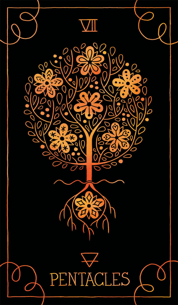 Tarot card with a stylized tree and flowers on a black background, labeled 'Pentacles'.