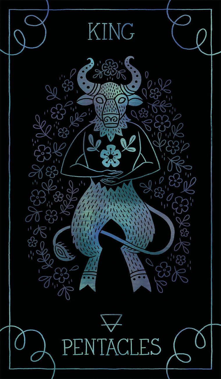 Tarot card featuring a bull with floral elements on a dark background, labeled 'King of Pentacles'.