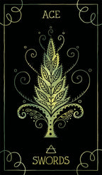 Decorative card with a leaf design and 'Ace of Swords' text on a black background