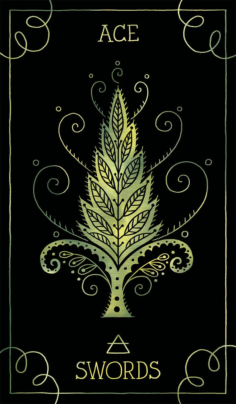 Decorative card with a leaf design and 'Ace of Swords' text on a black background