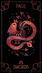 Tarot card with a stylized illustration of a bird and snake, titled 'Page of Swords' on a dark background.