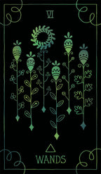 Tarot card with wands symbol and decorative elements on a dark background