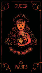 Illustration of a woman with a crown and wands on a black background with 'Queen of Wands' text.