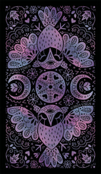 Decorative design with owl and floral elements on a black background