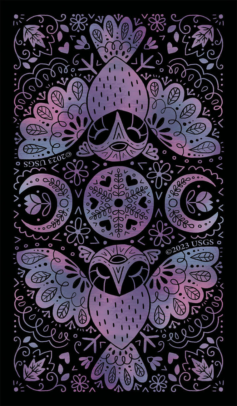 Decorative design with owl and floral elements on a black background