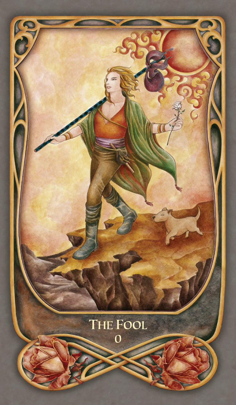 Card titled 'The Fool' featuring a person with a staff and dog on a scenic background.