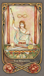 Tarot card featuring 'The Magician' with a stylized border and design elements.
