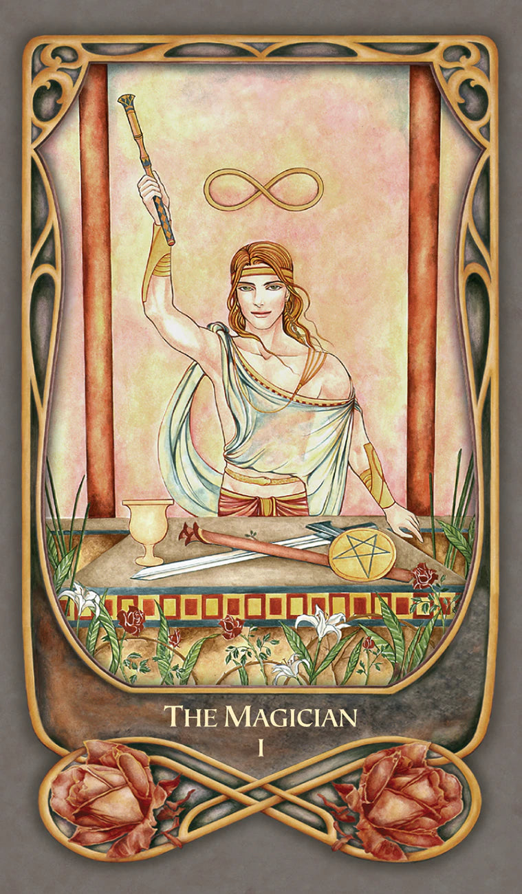 Tarot card featuring 'The Magician' with a stylized border and design elements.