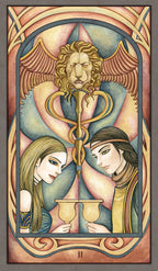 Artistic depiction of a tarot card with a lion, two women, and a candle, framed in decorative border.