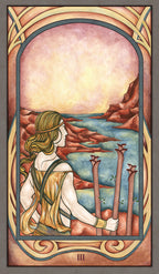 Artistic depiction of a woman with long hair holding three staves, set against a scenic landscape.