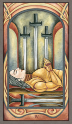 Tarot card with three crossed swords and a sleeping figure, symbolizing the Empress card.