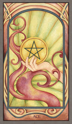 Artistic depiction of a hand holding a pentacle symbol with decorative border and 'Ace' text.