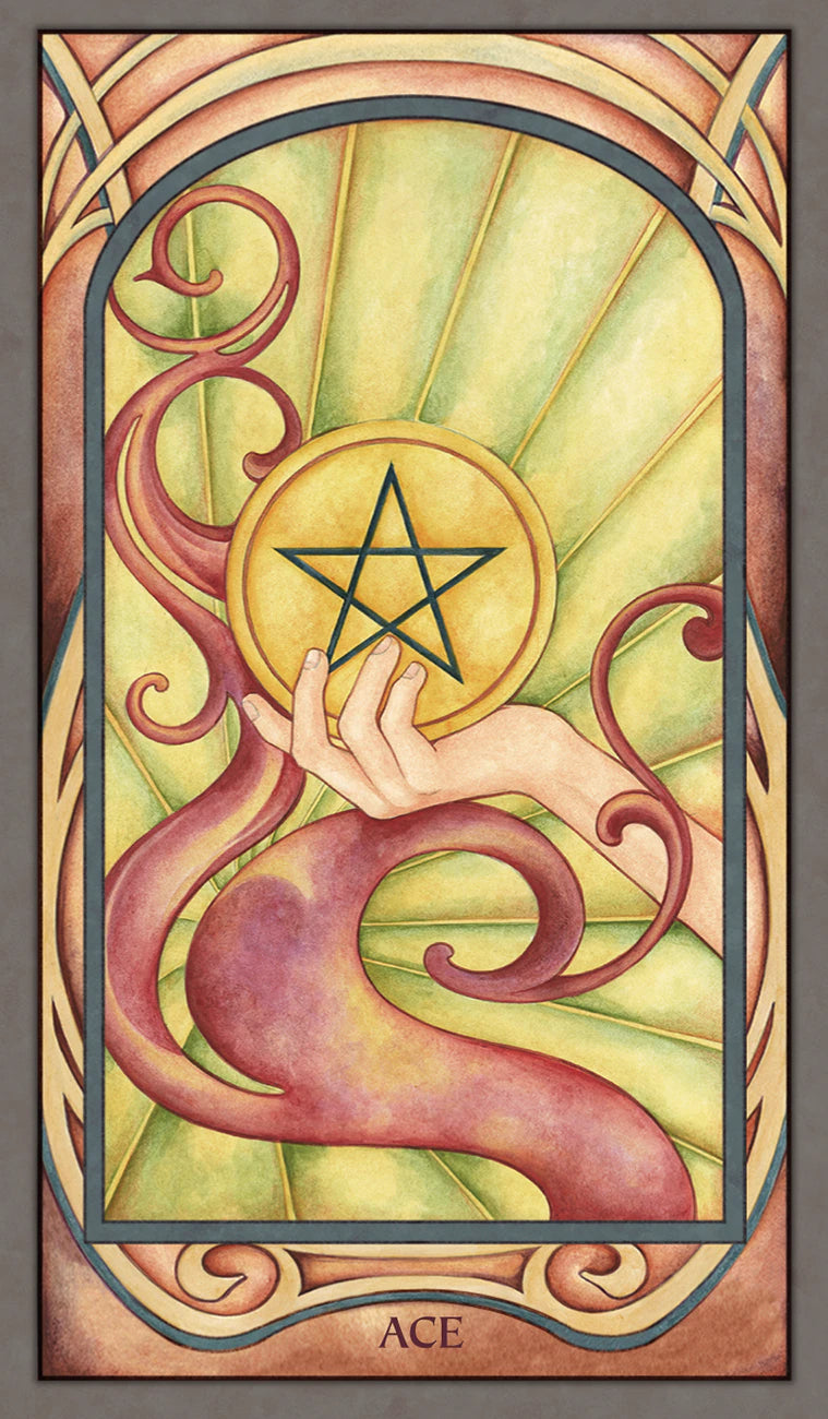 Artistic depiction of a hand holding a pentacle symbol with decorative border and 'Ace' text.