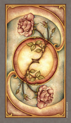Decorative design with roses and a circular emblem on a textured background