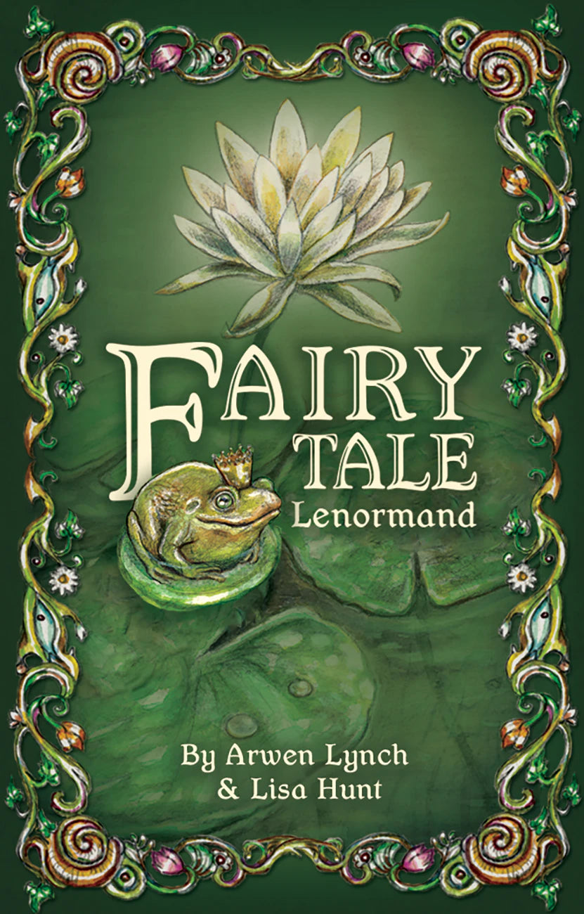 Book cover of 'Fairy Tale Lenormand' with a frog and lily pad design on a green background.