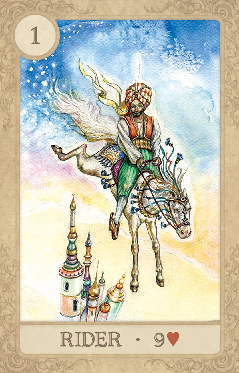 Tarot card featuring a rider on a horse with a castle-like structure in the background