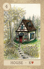 Illustration of a quaint house in a forest with a path leading up to it, on a card-like background.