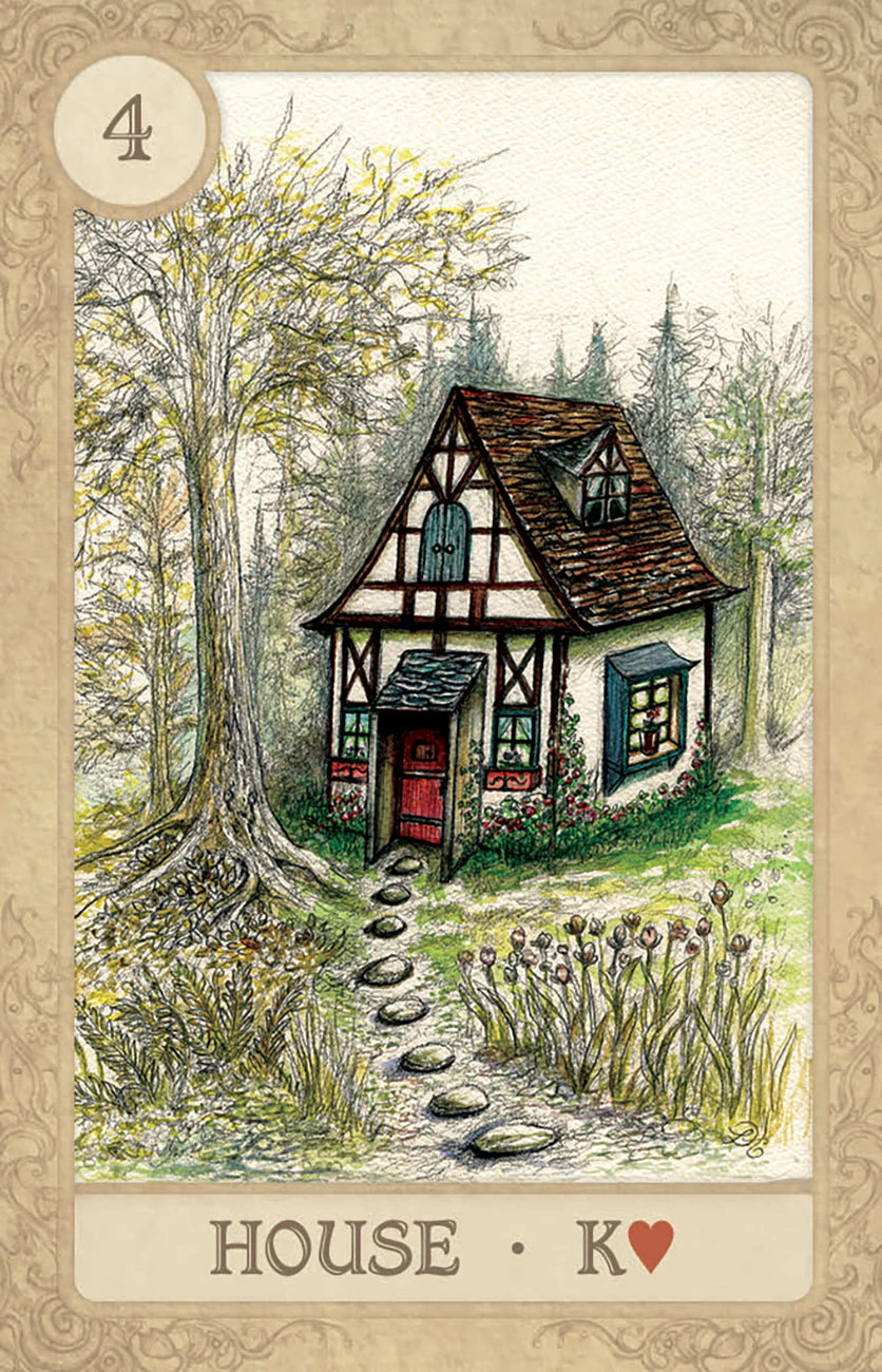 Illustration of a quaint house in a forest with a path leading up to it, on a card-like background.