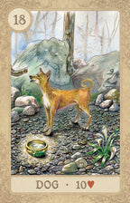 Card featuring a dog standing on a rocky path with a gold ring and heart symbol.