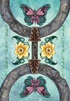 Decorative design with butterflies and flowers on a teal background