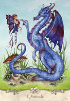 Blue dragon and fairy interacting with a mushroom in a fantasy setting