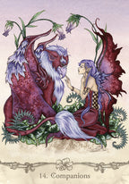 Illustration of a dragon and fairy sitting together with floral elements