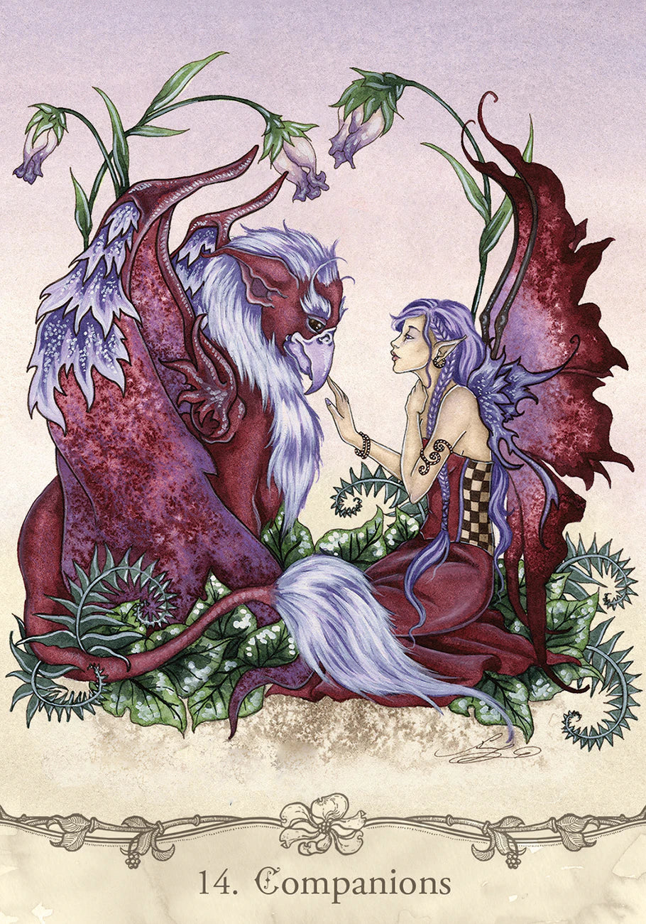 Illustration of a dragon and fairy sitting together with floral elements