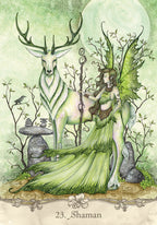 Fairy and deer in a forest setting with nature elements