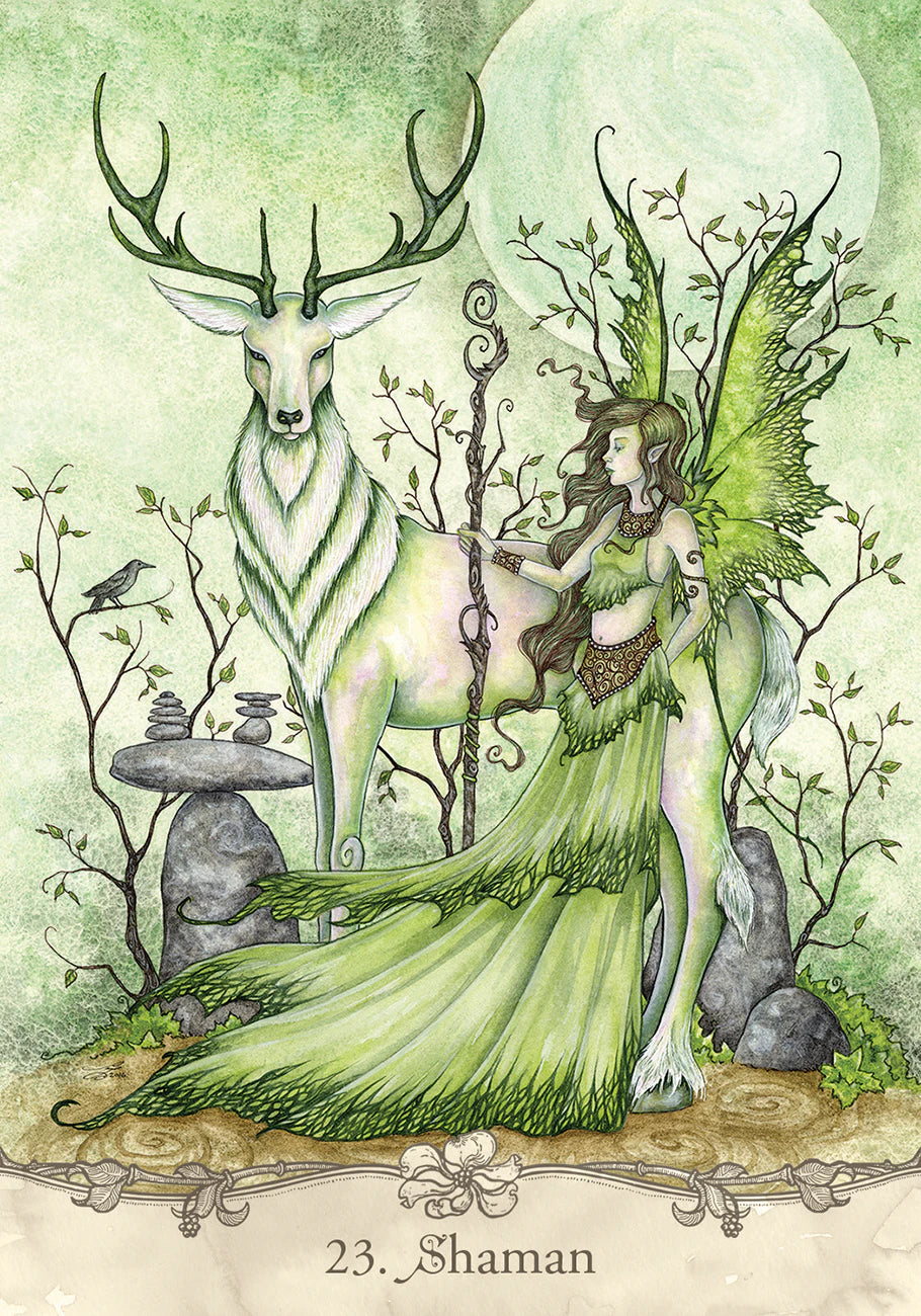 Fairy and deer in a forest setting with nature elements