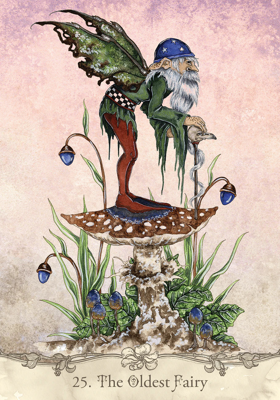 Illustration of a fairy standing on a mushroom with a mystical background