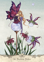 Fantasy illustration of a fairy with butterfly wings standing on a bubble, surrounded by flowers and plants.