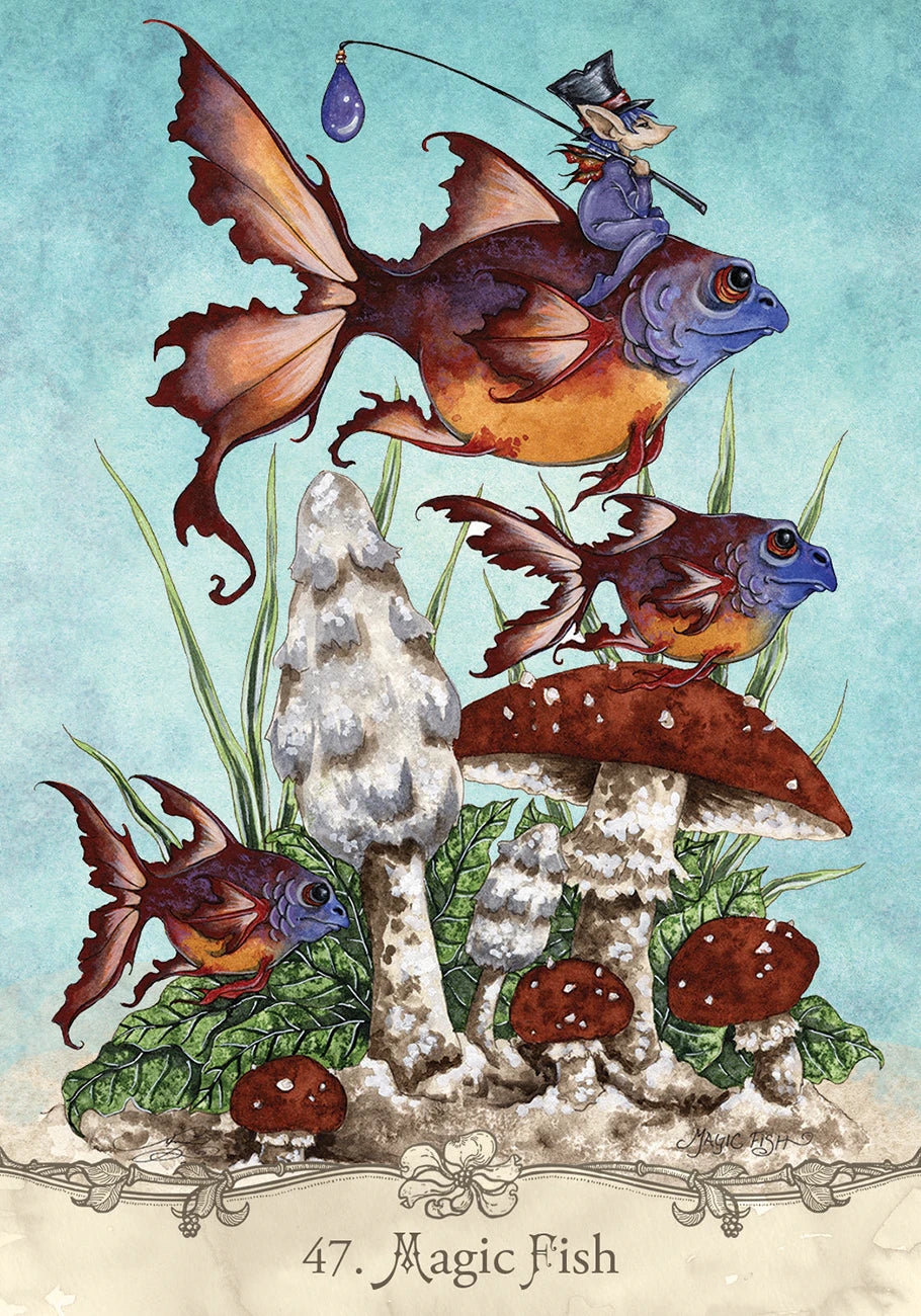Illustration of a fantasy scene with a fish, mushrooms, and a character on a mushroom, titled 'Magic Fish'.