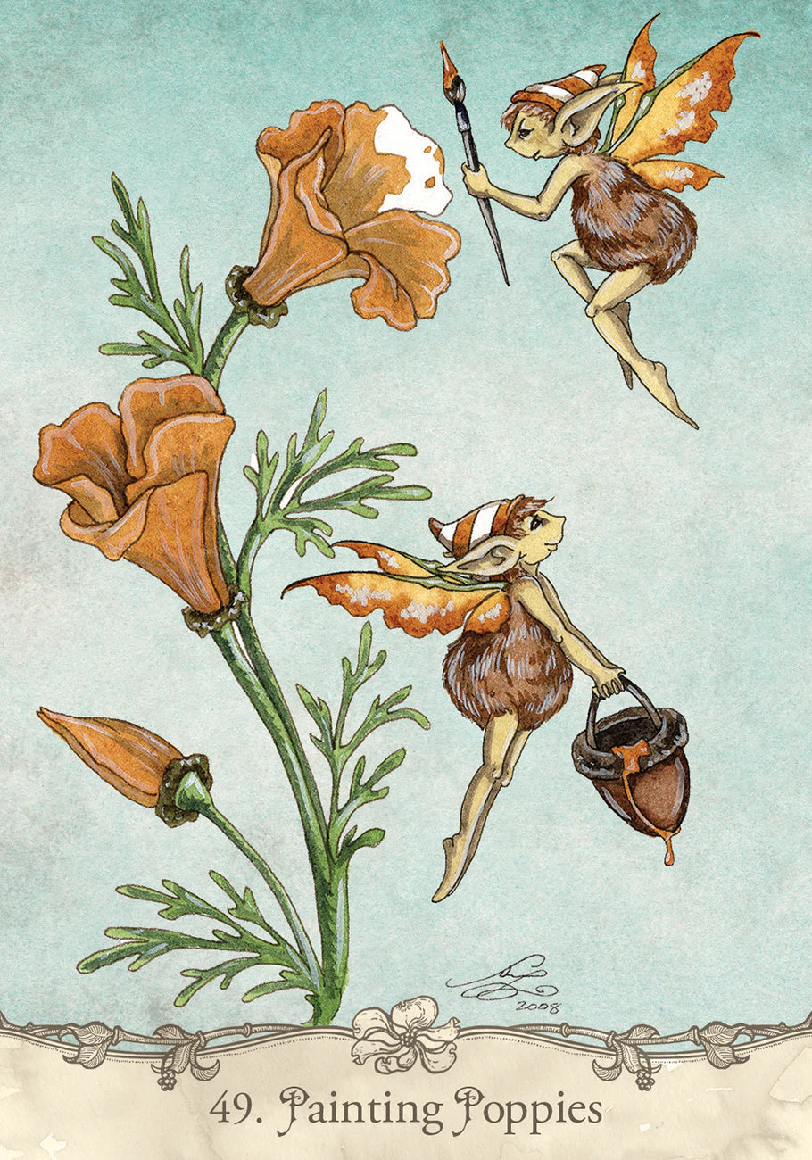 Illustration of fairies painting poppies with a light blue background