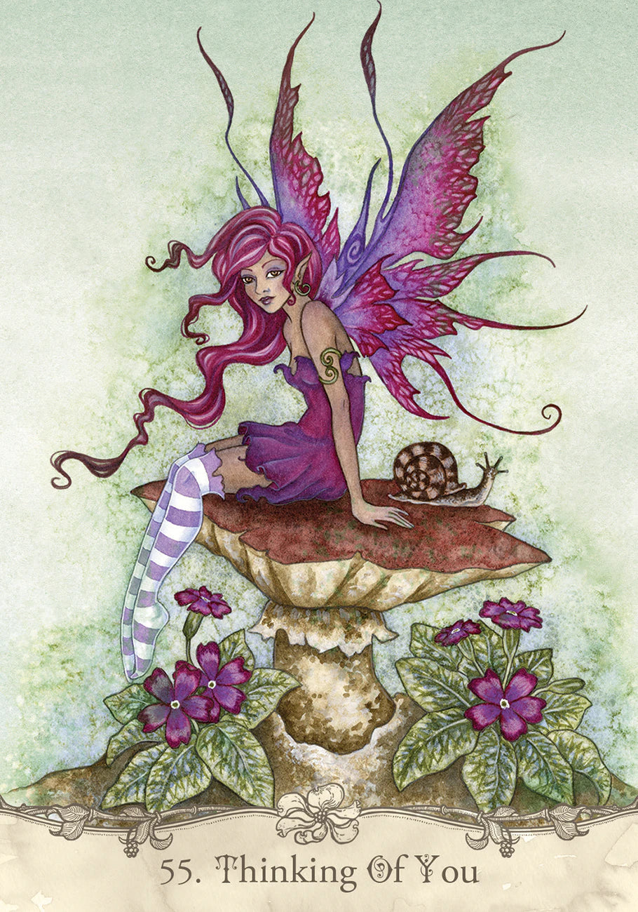 Fairy sitting on a mushroom with flowers and a snail, surrounded by nature-themed elements.